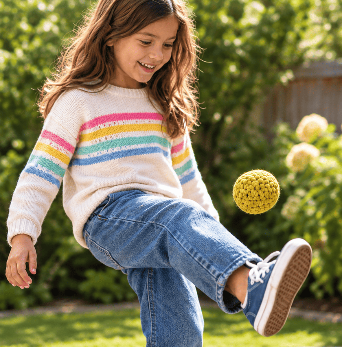 Child playing with a crochet footbag